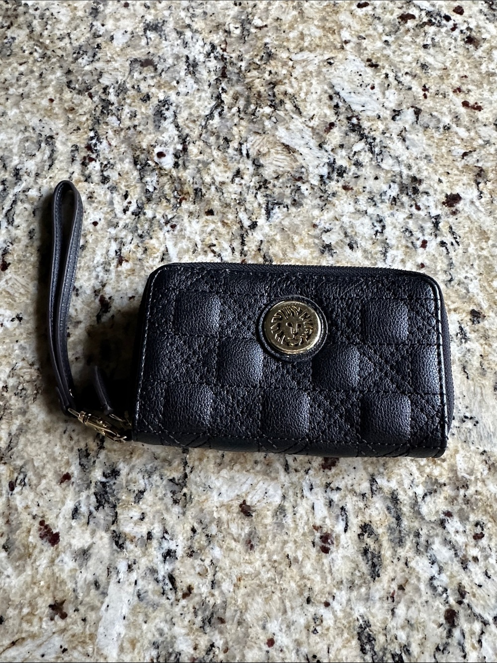 Anne Klein Black Quilted Wristlet Wallet with Gold Emblem